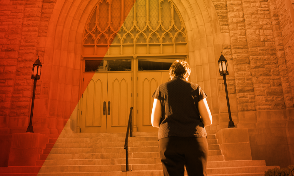 woman standing outside a church on colored background