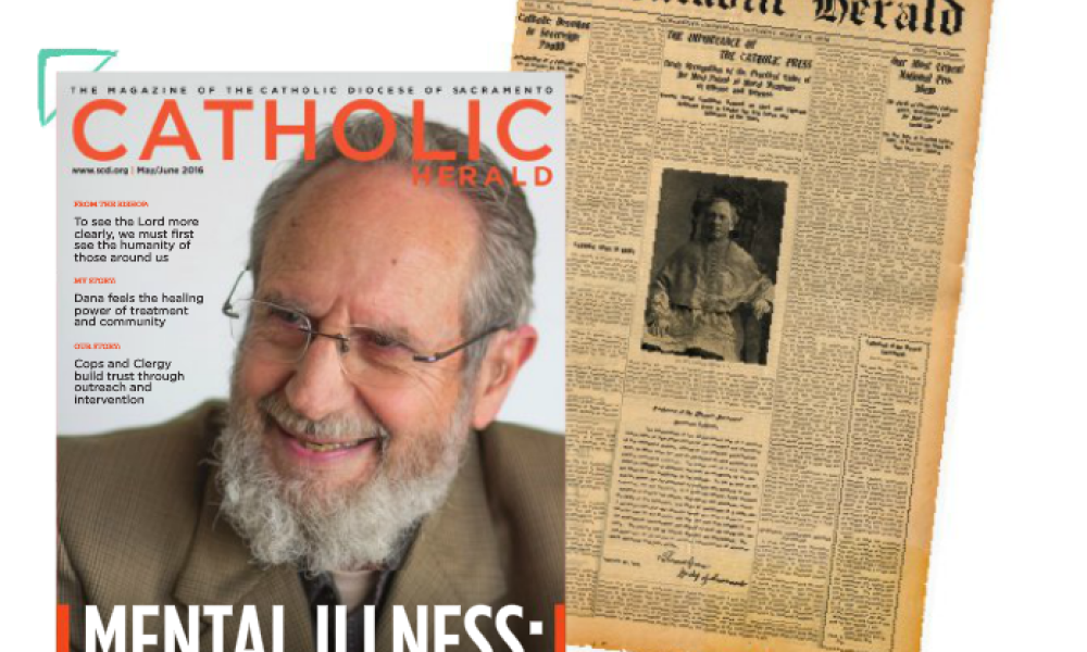 side by side view of the Catholic Herald Magazine and old newspaper