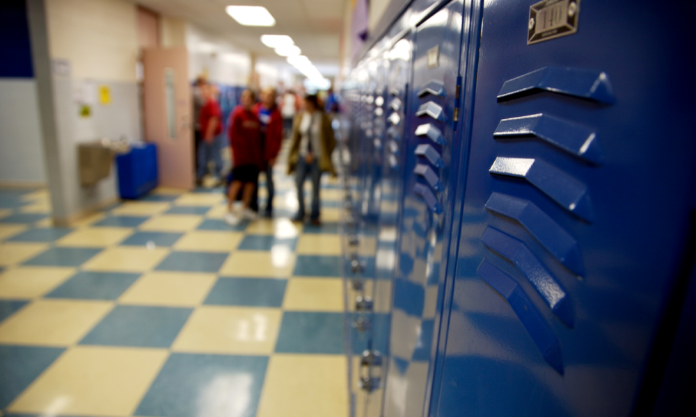 School hallway with blue lockers